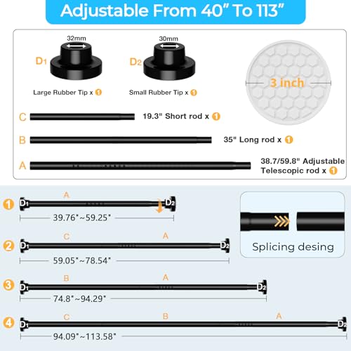 Image of MEXAU Black Tension Curtain Rod 40-113 Inch Long Tension Rod 1.26 inch Spring Tension Curtain Rod Adjustable Curtain Rods No Drilling Tension Shower Rod Curtain Tension Rod for Bathroom Windows Doorways