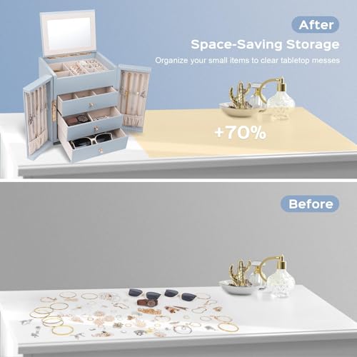 Dajasan Large Jewelry Box Organizer, Jewelry Storage Organizer with 3 Drawers, Huge Jewelry Box with Mirror for Women Girls, Double Door, Textured PU Leather, Gift Idea, Stylish (Blue + Gold) by Dajasan - Used condition - Image 7