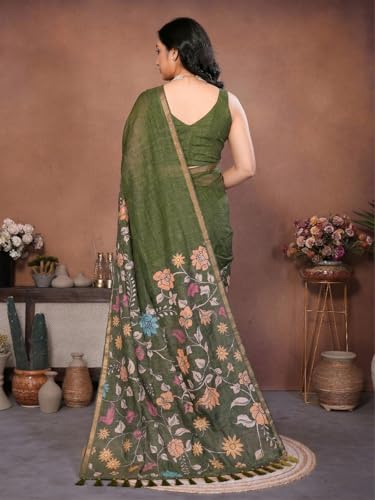 Image of SAMANTHA Black Floral Print Ready to Wear Linen Saree with Pocket & Adjustable Belt