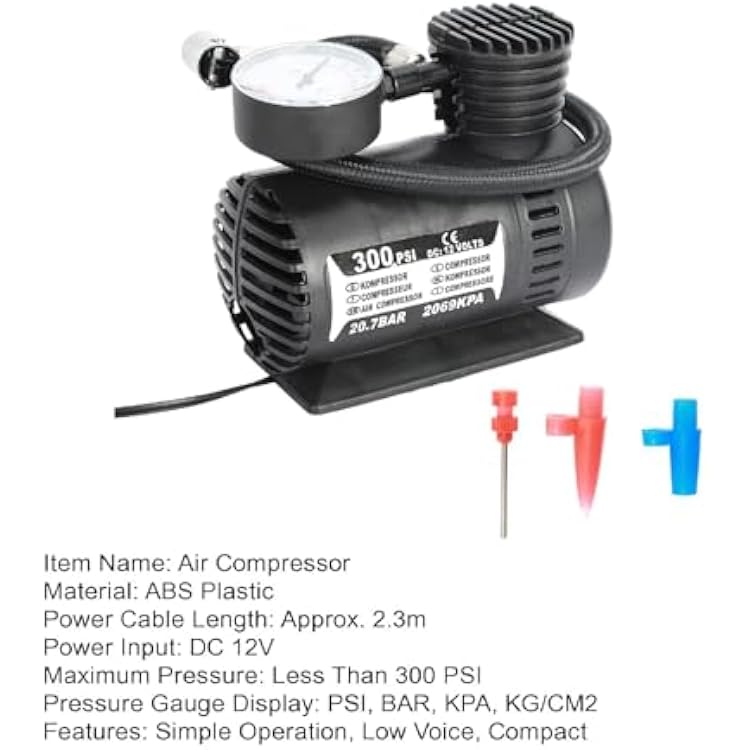 Tire Inflator Portable Air Compressor,12V Less Than 300PSI Air Compressor with 3 Nozzles PSI BAR KPA KG CM2 Gauge,Compact Tire Inflator for Cars Bikes Balls and More Inflatables Black
