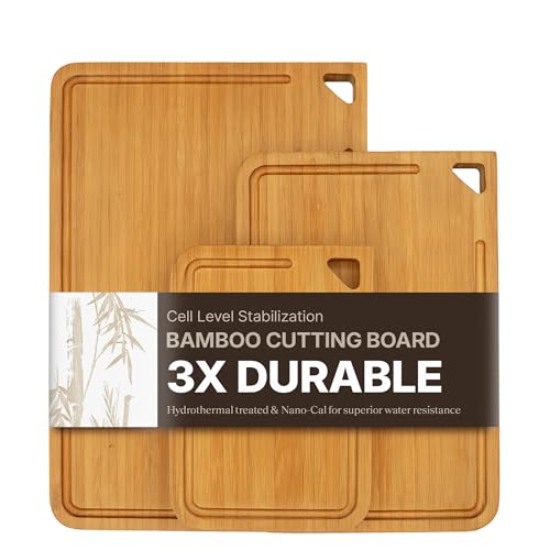 Koppen Bamboo Cutting Board, Hydrothermal Cell-Level Wood Stabilization for Anti-Crack & Warp, Juice Groove, Built-In Handles, Dual-Sided Chopping & Serving, Set 3 (S-M-L)