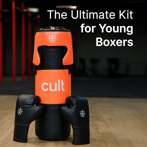 Image of Cult Kids Boxing Kit with Punching Bag, Gloves & Headgear - Durable PU Leather, Safe & Comfortable Training Set for Boys & Girls Ages 5-10 - Ideal for Fitness, Discipline & Fun - Orange
