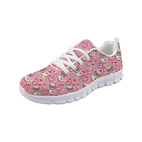 Showudesigns Damen Sportschuhe Laufschuhe Bequem Atmungsaktives Turnschuhe Sneakers Gym Fitness Leichte Schuhe Krankenschwester Karikatur Bär Rosa(Nurse Bear Print)