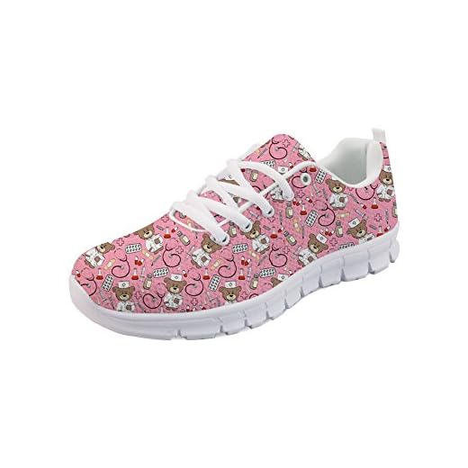Showudesigns Damen Sportschuhe Laufschuhe Bequem Atmungsaktives Turnschuhe Sneakers Gym Fitness Leichte Schuhe Krankenschwester Karikatur Bär Rosa(Nurse Bear Print)