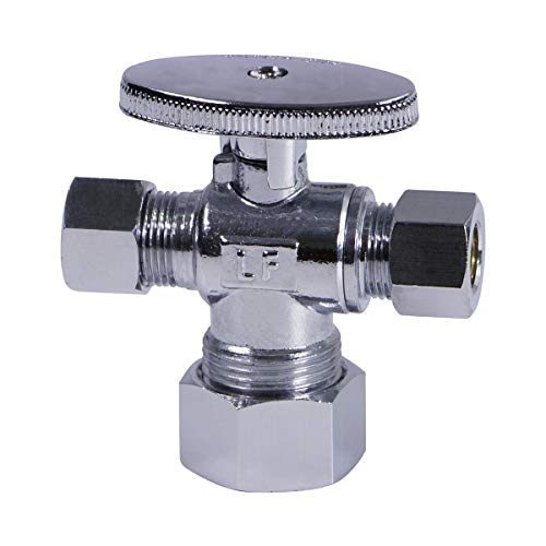 Image of Midline Valve 86358QS-OM-5 Water Supply Angle Stop Valve; Dual Outlet; Quarter Turn Wheel; for Toilet, Sink, Dishwasher; 5 /8'' x 3 /8'' x 3 /8'' Compression; Chrome Plated Brass (5 PK)