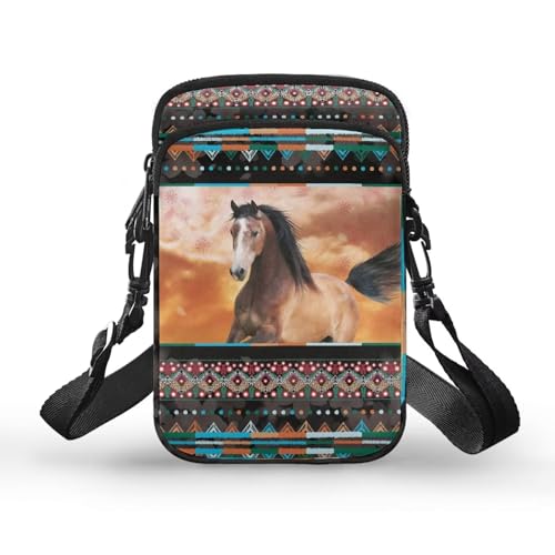 Brown Horse Tribal Style Unisex Adult Crossbody Bag, Double Layer Messenger Sling Bag Handbags Waist Fanny Pack for Birthday Holiday