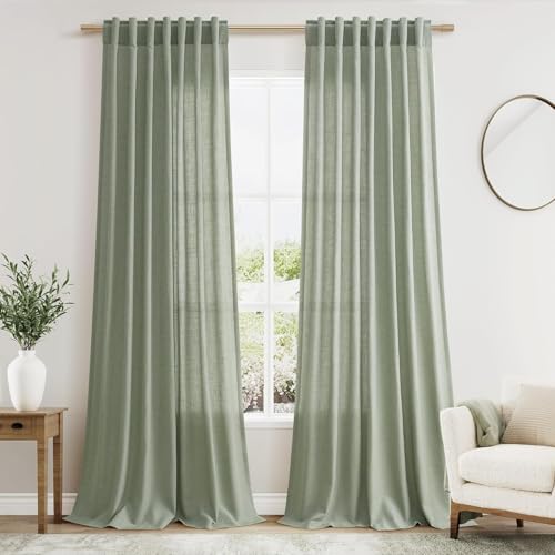 Image of Desert Sage Linen Curtains for Living Room 100 Inches Long Light Filtering Semi Sheer Curtain Back Tab Rustic Farmhouse Decor Elegant Luxury Boho Drapes for Bedroom Dinner Room 52x100, 2 Panels