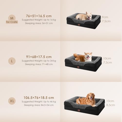 EHEYCIGA Orthopädisches Hundebett Mittelgroße Hunde, 91x68x17.5cm, Memory Foam Waschbar und Wasserdicht Hundekorb mit 4 Rändern, Hundesofa Hundecouch rutschfest, Grau/Schwarz