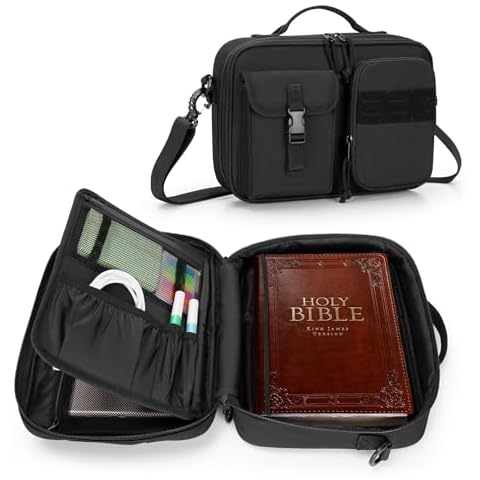 Damero Bible Cover for Men, Bible Carrying Case Church Bag with Multiple Pockets, Bible Case with Top Handle and Shoulder Strap, Black Cover