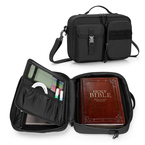 Damero Bible Cover for Men, Bible Carrying Case Church Bag with Multiple Pockets, Bible Case with Top Handle and Shoulder Strap, Black