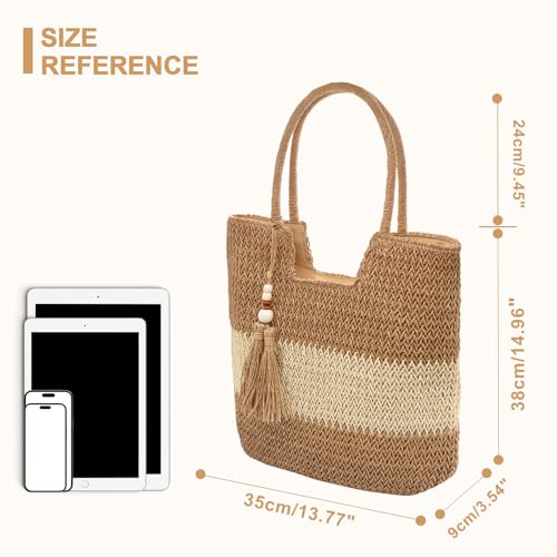 Image of Long Keeper Beach Bags for Women Summer Straw Bag with Zipper Woven Shoulder Handbag Beach Tote Bags for Travel Vacation
