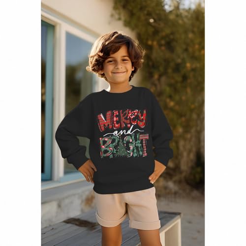 MERRY and BRIGHT Christmas Sweatshirts for Kids Boy Girl Xmas Pullover Shirt Crew Neck Tops Long Sleeve Fall Clothes3