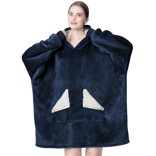 Touchat Wearable Blanket Hoodie, Oversized Sherpa Blanket Sweatshirt with Hood Pocket and Sleeves, Super Soft Warm Comfy Plush Hooded Blanket for Adult Women Men, One Size Fits All (NavyBlue)