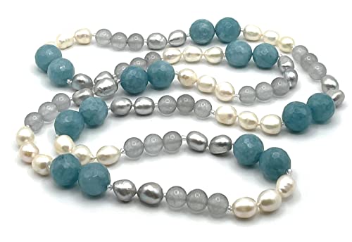 Collier de perles d'eau douce véritable, jade bleu et pierres de gemmes