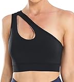 Women's One Shoulder Sports Bra Off Shoulder One Strap Cut Out Bra Cute Removable Padded Wirefree Seamless Athletic Bra Mesh Lining Running Workout Yoga Top Post Surgery Medium Support Black