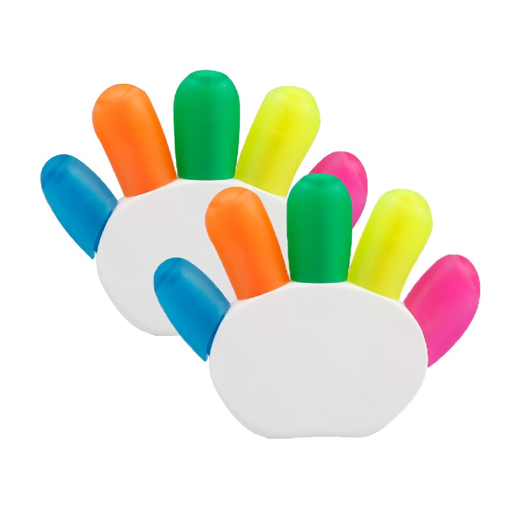 2 Pcs Multi Coloured Highlighter Pen, 5-in-1 Creative Finger Shape Highlighter Pen Marker Pen for Kids, Children, Students (Pink, Yellow, Green, Orange, Blue)