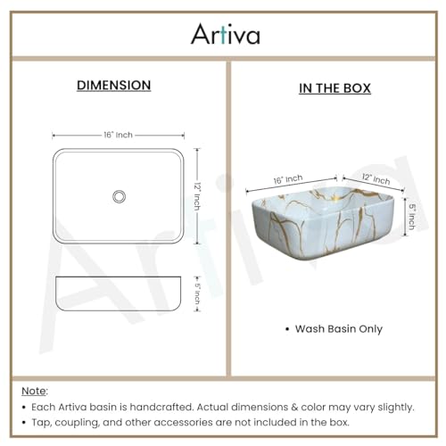 Image of Artiva Ceramic Wash Basin /Tabletop Washbasin For Bathroom,12 inchx16 inch /Small Countetop Bathroom Basin /Table Top Basin For Home,Office,Hotel /Rectangle Glossy Sink (Porto-White,12x16 Inch)