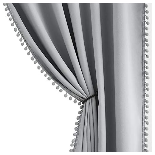 Pom Pom Grey Curtains for Bedroom Windows 84 inch Energy Efficient Thermal Insulated Living Room Darkening Curtain Panels Drapes Nursery Room Children 50" w x2 Panels Rod Pocket