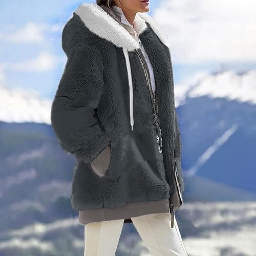 Fuzzy Fleece Jackets for Women Plus Size Hoodies Fall Winter Coats Color Block Patchwork Cardigan Coat with Pockets