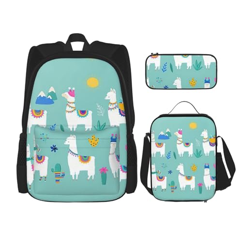 Alpaca Llama Print 3 Piece Set Backpack, Lunch Bag, Pencil Case, Cute Sturdy For College And Travel