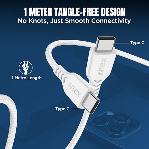 Image of Intex Speed Pro 65W Fast Charging Type C to C, 480Mbps, Trangle Free, Data Sync Cable Compatible For Laptop, BT Speaker, Mobile, Tablet, TWS & Other Type C Devices- White