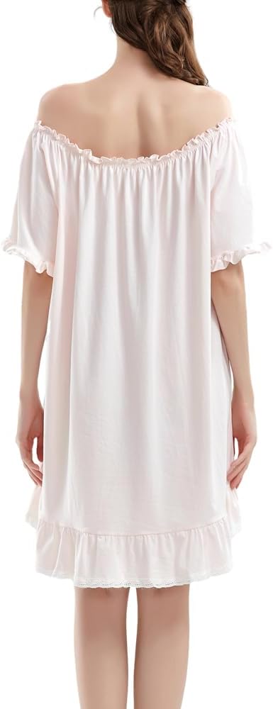 Women Cotton Nightdress Short Sleeve Vintage Nightgown Off the shoulder Loose Princess Dressing Gown - Image 5