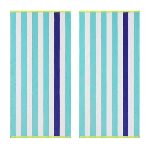 Tommy Bahama - Beach Towels, Oversized Yarn-Dyed Cotton Velour Towel, Soft & Absorbent Coastal Stripe Pool & Beach Towel, Beachside Light Blue, Set of 2