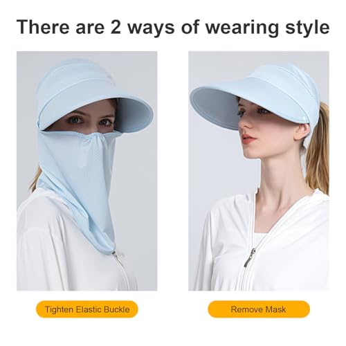 Image of Women Wide Brim Face Mask Sun Hat Detachable Neck Face Flap Ponytail UV Protection Visor Hat Garden Fishing Hiking