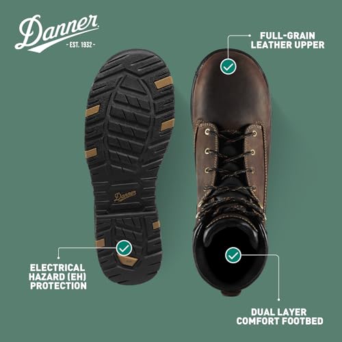Danner Caliper 6" Waterproof Work Boots for Men - Full-Grain Leather with Breathable Danner Dry Lining, Memory Foam Footbed & Non Slip Heel Outsole, Brown - 11 EE4