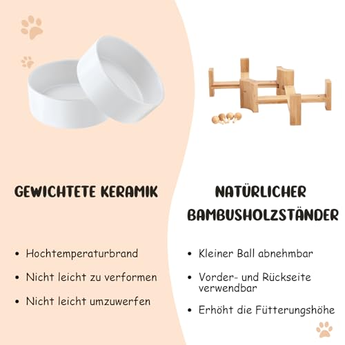 SPUNKYJUNKY 15° Kippbare Keramik Hundenapf mit Holzständer Futter und Wassernapf rutschfest für Hunde und Katzen mit Flachen Gesichtern Kleinen und Mittelgroßen Hunden (400ml × 2, Weiß)