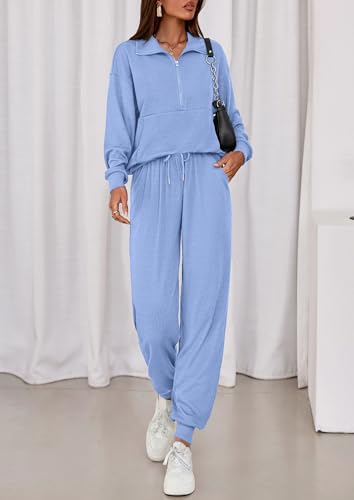 Image of PRETTYGARDEN Women 2 Piece Ribbed Knit Matching Lounge Sets | Comfy Sweat Track Suits, Athleisure Casual Outfit, Half Zip Sweatshirt & Jogger Pants, Fall Winter Clothes for Airport Travel