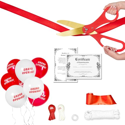 Crutello Ribbon Cutting Ceremony Kit - 20"Giant Red Scissors and 30 Foot Large Red Ribbon 4"Wide, 20 Balloons, 90 ft Balloon and 20 Feet Rope for Decorations by Crutello - Used condition - US$34.49