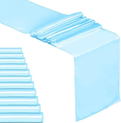 Fynite 12 Pack Satin Table Runner 12 x 108 Inches Long | Baby Blue Satin Table Runner for Party Wedding Banquet Decorations | Bright and Smooth Silk Fabric Party Table Runner - Baby Blue