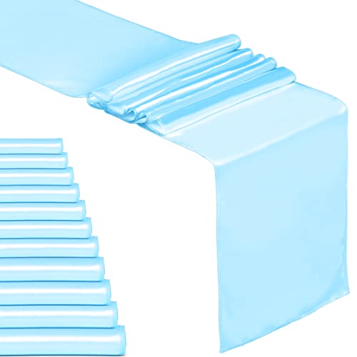 Fynite 12 Pack Satin Table Runner 12 X 108 Inches Long | Baby Blue Satin Table Runner For Party Wedding Banquet Decorations | Bright And Smooth Silk Fabric Party Table Runner - Baby Blue #TOP1