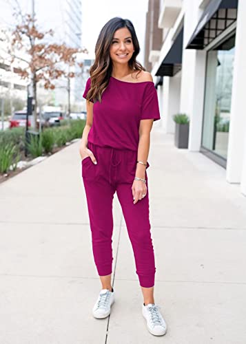 Prettygarden Women's Loose Solid Off Shoulder Elastic Waist Stretchy Long Romper Jumpsuit (Purple,X-Large) #TOP2