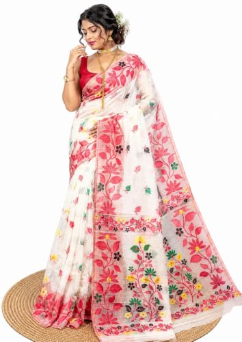 BASANA SAREE KUTHIR Women's White Jamdani Saree WHITE & RED - Image 2