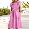 Summer Dresses for Women UK Cotton Linen Dress Ladies Embroidered Pleated Sundress Short Sleeve Casual Midi Dresses with Pockets for Beach Work Daily Wear M Pink #1