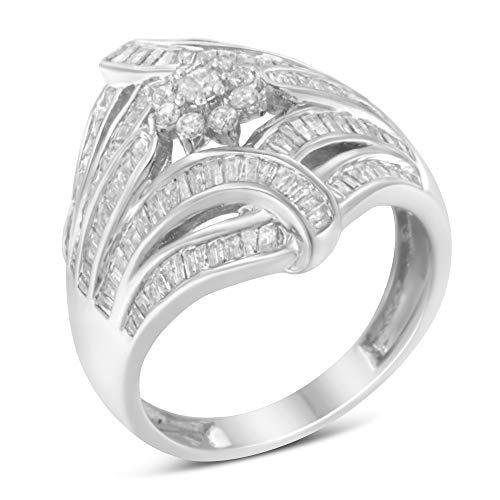 Original Classics .925 Sterling Silver 1-1/8 Cttw Round & Baguette Diamond 'Flower & Fern' Cluster Cocktail Fashion Ring (I-J Color, I2-I3 Clarity) - Size 6-1/2