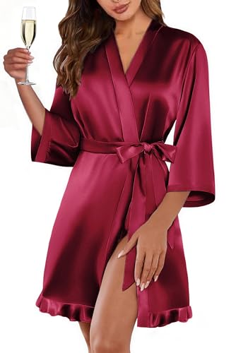 Ekouaer Women's Satin Robes Silk Kimono Bath Robe Short Ruffled Hem Bride Bridesmaid Sleepwear with Pockets
