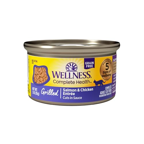 Image of Wellness Complete Health Grilled Adult Canned Wet Cat Food, Natural, Protein Rich, Grain Free, Salmon and Chicken Entree Recipe, 3 oz, Pack of 12 Cans