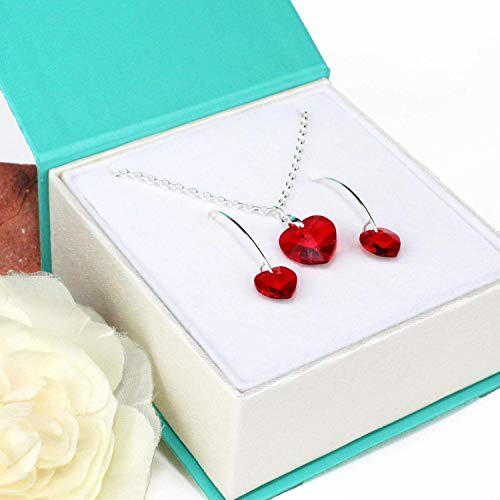 Sterling Silver Swarovski Crystal Red Heart Necklace and Dangle Earrings Set, January July Birthstone Gifts for Women