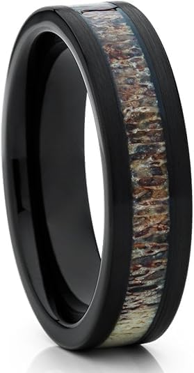 OVIEDO JEWELRY 6mm Deer Antler Wedding Ring, Black Tungsten Anniversary & Engagement Ring, Man & Woman Comfort Fit Hunters Wedding Band