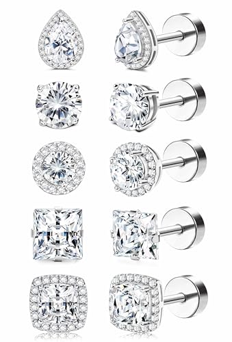 Kakonia 5 Pares Pendientes Mujer Hombre Diamante Plata Oro Piercing Aretes Oreja Acero Quirurgico Inoxidable Antialergicos Piercing Oreja Hombre 20G/18G