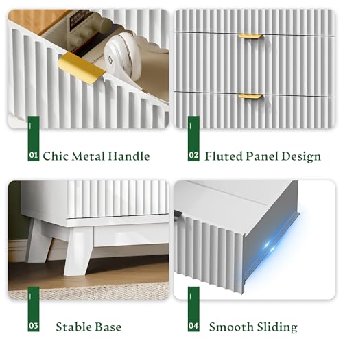 Image of Xixini Fluted Nightstand with Charging Station, Tall Bedside Table, White