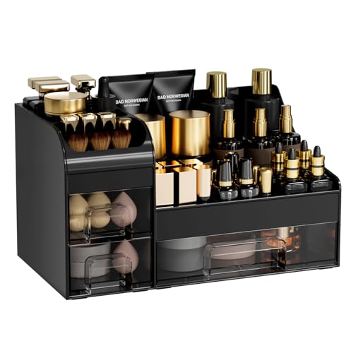 Extra Large Makeup Organizer for Vanity Countertop Organizer with Drawers and Brush Holder Mens Cologne Organizer for Bathroom Cosmetic Skin Storage for Lipsticks Nail Polish & Shaving Lotion Black