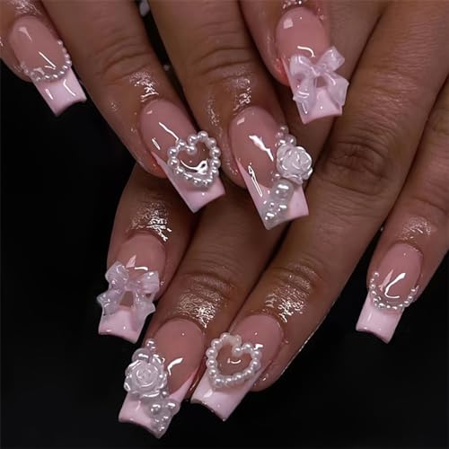 French Press Medium Coffin Pink Nails with Pearl Bow Designs Acrylic Heart Pattern Stick on Glossy Artificial Full Cover Glue on Nails for Women Manicure 24Pcs