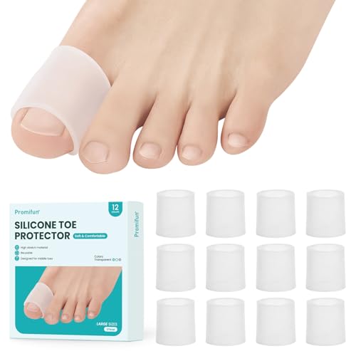 Image of Silicone Toe Protectors - 12 Pack Silicone Toe Sleeve for Hammer Toes, Corns, Calluses, Blisters - Soft Gel Toe Tube Pads for Pain Relief(Large Sizes, Clear)