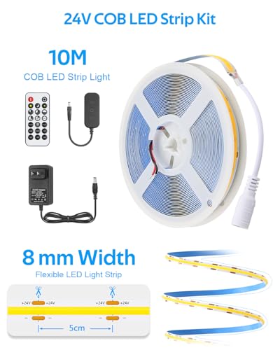 Image of Aclorol COB LED Strip Light 32.8FT 24V Cold White 6000K Dimmable Brightness | Flexibel LED Tape Lights with Power Supply and Remote, Dotless Light Strip for Kitchen Cabinet Mirror DIY Lighting Project