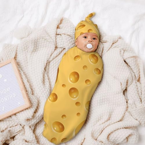 Image of Personality Cheese Newborn Swaddling Blanket Beanie Hat Funny Blanket Sleeping Bag New Born Sleep Sacks for Boys Girls
