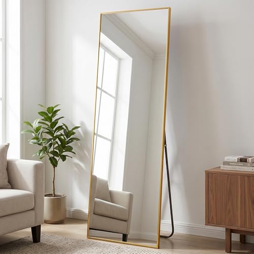 Image of BEAUTYPEAK Full Length Mirror, 58 inchx14 inch Standing Hanging or Leaning Against Wall Floor Mirrors Body Dressing Wall-Mounted for Living Room, Bedroom with Aluminum Alloy Thin Frame, Gold